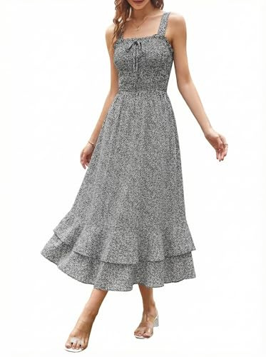 GRACE KARIN Women's 2025 Summer Floral Boho Dress Square Neck Strapped Swing A Line Sundress Beach Long Maxi OutfitsBlack 2XL
