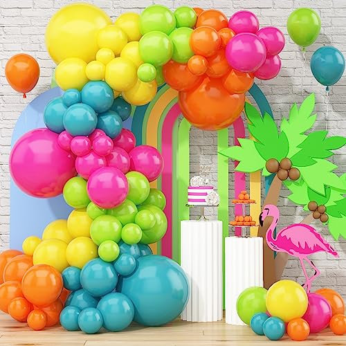 141 Pcs Summer Tropical Balloon Arch Garland Kit, Hot Pink Lime Green Slate Blue Orange Yellow Latex Rainbow Balloon Garland Kit for Hawaiian Luau Aloha Birthday Baby Shower Pool Party Decorations