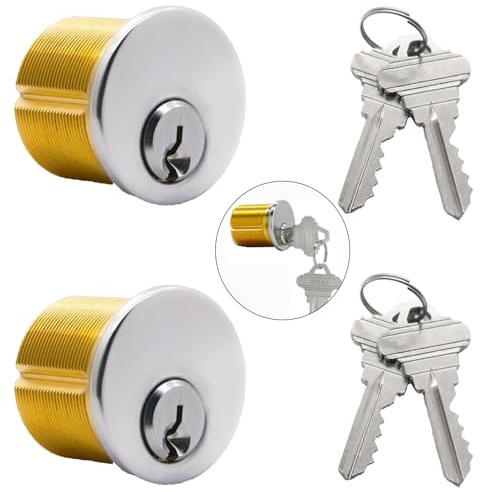 2Pcs Brass Mortise Cylinder Locks with 2 SC1 Keyway Keys fit Standard Commercial Door Replacement Lock Mortise Cylinder for Home Aluminum Door(1 1/8 Inch - Different SC1 Keys)