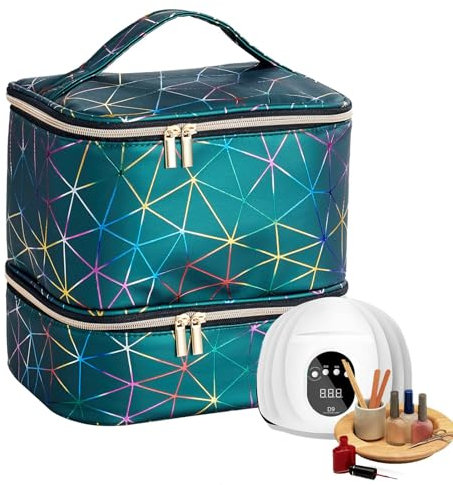 Walopola Nail Set Organiser, Nail Polish Storage Bag - Nail Polish Carry Bag - with Nail Polish Bag with Handle and Carry Bag, Sponge Dividers, Large Capacity for 30 Bottles of Nail Gel, Green, See