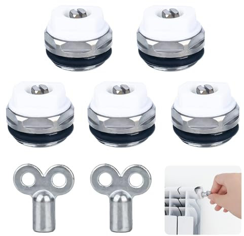 5 válvulas de ventilación para radiadores con 2 llaves de purga de 1/2 pulgadas, latón niquelado, válvula de ventilación manual, válvula de ventilación para radiador, con cabezal de plástico giratorio