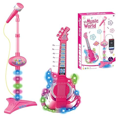 Kids Microphone and Stand and Guitar Set | Kids Karaoke Machines for Girls | Child Microphone with Lights and Music | Sing Musical Toy with Adjustable Height Stand for Boy Girls
