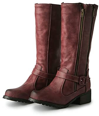 ENWIND Women's Knee High Boots Buckle Strap Low Flat Heel Side Zip Round Toe Riding Boots,Burgundy,6 UK