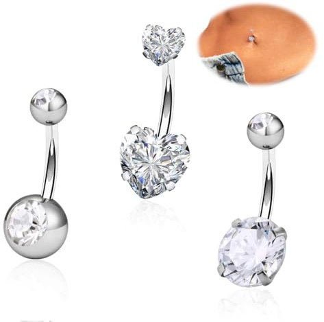 KWKPR 3 PCS Anello con Ombelico Argento, Ombelico Bar Gioielli Piercing, Piercing Ombelico Anello, Diamond Piercing all'ombelico Gioielli per Donna Uomo