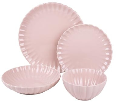 Cofan Vajilla de porcelana esmaltada en color rosa nude | Juego de 16 piezas | Diseño en relieve | Apta para lavavajillas, microondas y horno