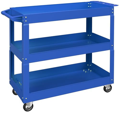 DURHAND Carro de Herramientas con Ruedas Carro de Taller de Acero con 3 Estantes de Almacenamiento y Asa Lateral para Garaje Mecánico Hogar Carga 150 kg 83x35,3x76 cm Azul