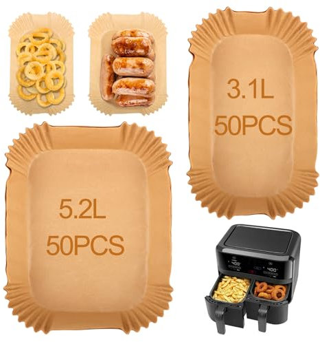 TNOMSNO Carta da Forno Air Fryer per Moulinex EZ901820 5.2/3.1 L, Carta Oleata per Airfryer Serie, Due Dimensioni Cassetti Doppi, 100 Pezzi 5.2/3.1 L Teglia Air Fryer Accessori Compatibile