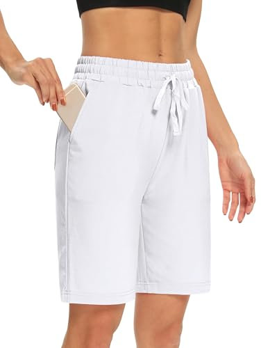 EUHOM Shorts Damen Sommer Bermuda Shorts Casual Kurze Hose Sportshorts Baumwolle Kurz Sporthose Jogginghose Knielang Yoga Running mit Taschen (Weiß, M)