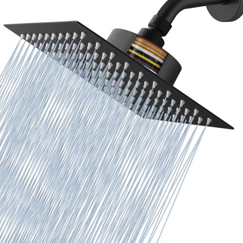 Pomme de Douche à Effet pluie Voolan avec Filtre à Haut Débit et à Effet pluie en Acier Inoxydable, Pommeau de Douche à Effet Cascade pour Eau Dure (20cm Noir)