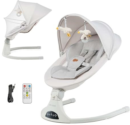 Kinderkraft TULSY Transat électrique pour bébé, 5 niveaux d'intensité, 12 mélodies préréglées, jouets amovibles, réglable, léger, Bluetooth et USB, harnais à 5 points, beige