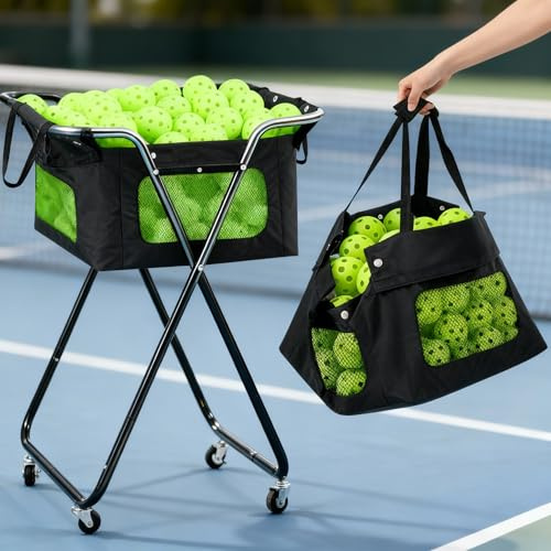 RoundFunny Dinkball Caddy Foldable Tennis Ball Basket Hopper with Wheels Portable Cart Holds 140 Dinkball or 175 Tennis Ball Basket Hopper Holders for Training Teaching