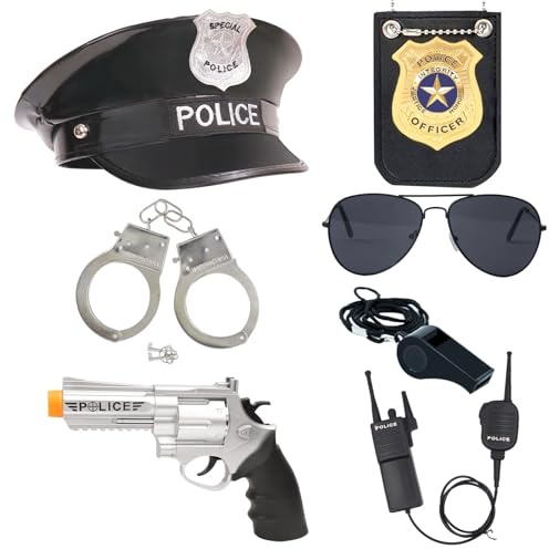 ZUCOS Costume da Poliziotto per Bambini, Adulti, Poliziotto con Manette, Occhiali da Sole, Distintivo, Ragazzo, Ragazza, Carnevale, Detective, Dress-up, Costume di Halloween (E, Medium)