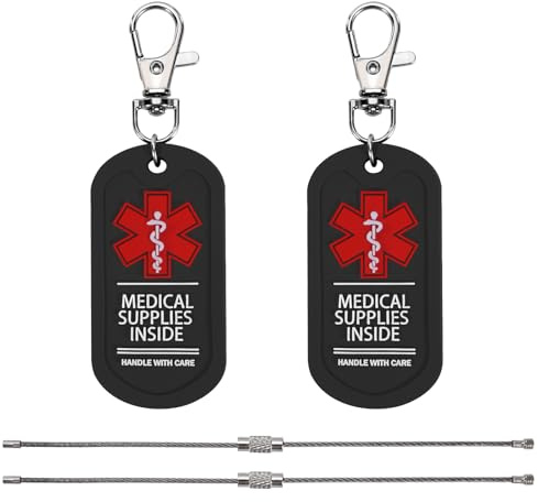 MEDMAX 2 Pack Medical Supplies Inside Tag, Easy to Spot | Handle with Care for Bags or Luggage Containing Medical Devices, Dual-Side Medical Alert Zipper Pull Bag Tags (Black)