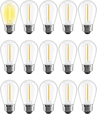 Hcnew 15 bombillas LED solares de repuesto E27 S14, 2700K blanco cálido, 1 W equivalente a 5 W, CC 3 V, irrompibles e impermeables, para luces de hadas, fiestas, patios, jardines, bodas