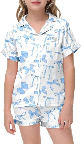 Children'S Pjs Girls,Women Bow Pajamas Sets Short Sleeve Button Down Sets Cute 2 Piece Sets Preppy Sleepwear (Blue, 10-11 Years)