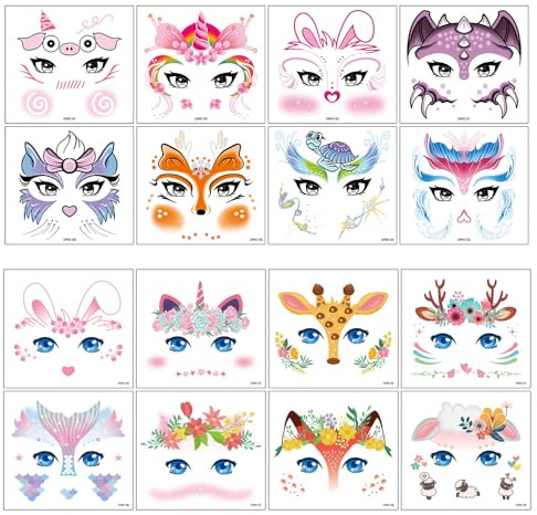 HLIWS 16 Pièces atouages Temporaires Visage,pour les bals masqués | Papier spécial,motifs variés,imperméable et résistant à la transpiration,16 modèles disponibles,pour les jeux de rôle