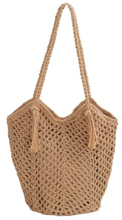 Generisch Bolso de playa de hilo tejido a mano con flecos, bolso de hombro bohemio casual