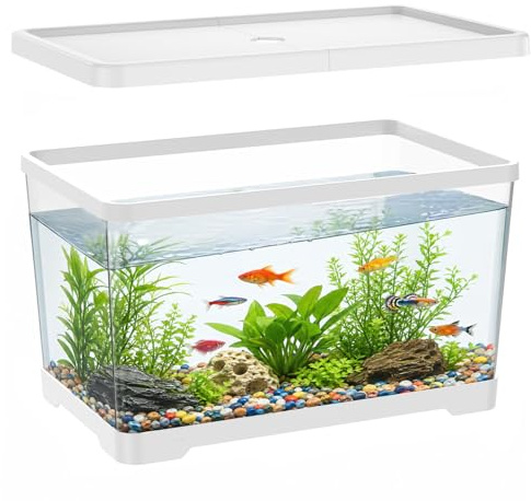 2 Gallon Plastic Fish Tank with Drain Hole - 30x19x17cm Shatterproof Small Rectangular Aquarium for Betta Fish & Guppies - Clear Desktop Terrarium Bowl for Home Office(White)