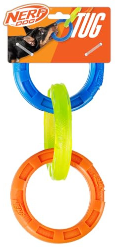 Nerf Dog 3-Ring Rubber Tug Toy, 10.5-Inch Lightweight Water-Resistant Interactive Toy for Dogs, Blue/Green/Orange