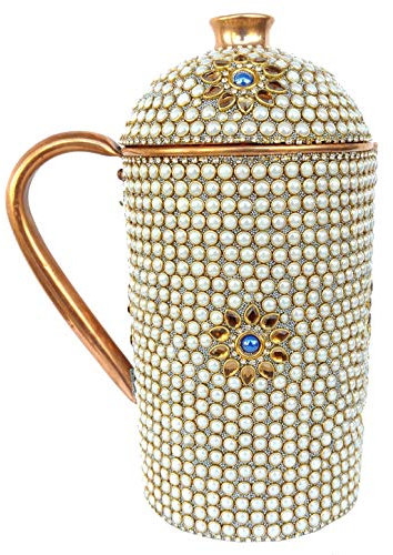 Rastogi Handicrafts Pichet en cuivre pur, extérieur en pierre blanche, ensemble de vaisselle avec pichet (cruche blanche)