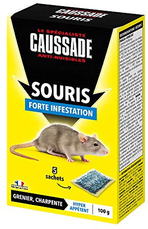 Caussade Anti-Souris - Forte Infestation - Lieux secs - 5 Sachets céréales - Prêt à l'emploi - Une Ingestion Suffit - Fabriqué en France - 100g - CASAE4N
