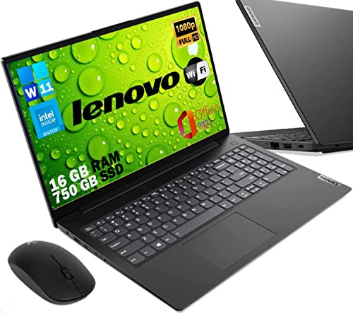 Lenovo, Pc portatile notebook pronto all'uso, Display FHD da 15,6, cpu N4500, ram 16Gb, ssd Nvme 500Gb, win 11 pro, Mouse Wifi