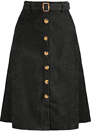 Allegra K Womens High Waist Button Front A-Line Belted Corduroy Midi Skirt, Black, XL