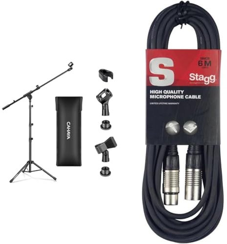 CAHAYA Pied de Microphone Mobile 2 en 1 Pied de Micro au Sol Trépied en Métal avec Deux Clips Différents Réglable et Pliable & Stagg Câble microphone de haute qualité XLR vers prise XLR, 6 m, noir