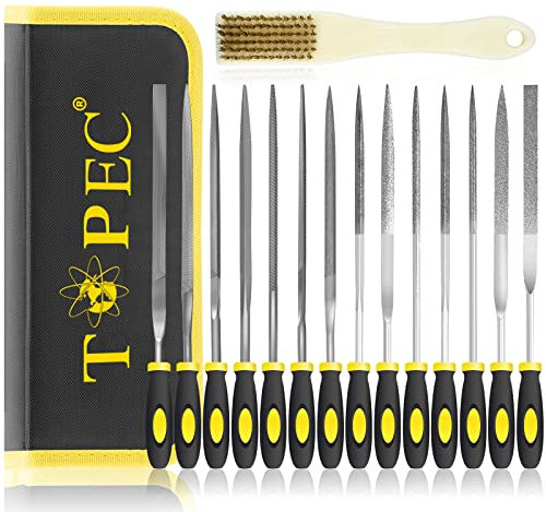 Topec 15PCS Small File Set, Needle Diamond Files, Jewlers Files & Steel Files with Metal Brush and Storage Bag, for Precision Metal File Work, Wood, Jewelry, DIY Carving Tool