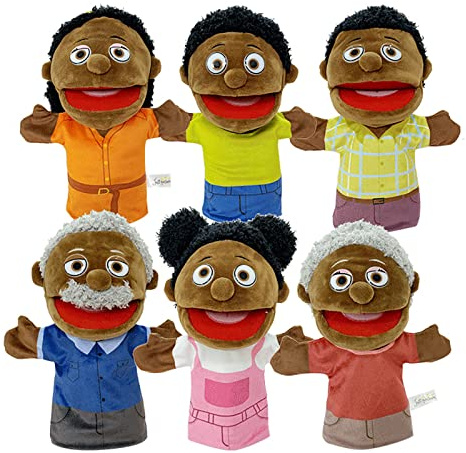 6pcs Africa Family Puppets Set With Movable Mouth - Plush Doll Black African Family Members Toy for Kids Storytelling, Pretend Play, Teaching, Birthday Gift