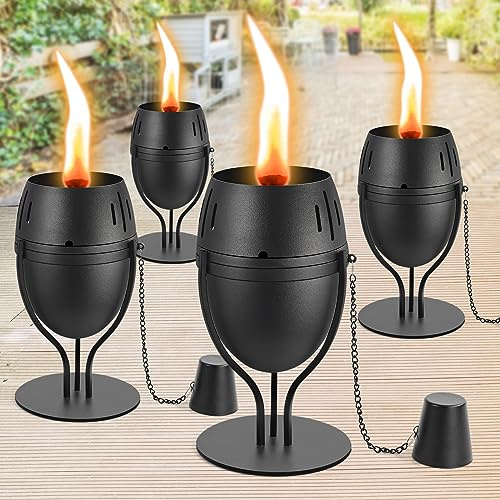 FAN-Torches Paquete de 4 antorchas de mesa de metal, antorchas de citronela de 20 onzas para exteriores, linterna de luz de llama recargable, linterna decorativa de mesa para patio, cubierta, jardín,