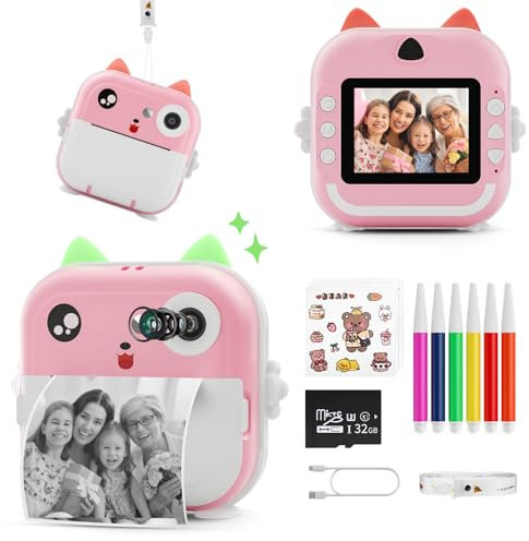 Sofortbildkamera Kinder, Aomdom Kinderkamera Sofortbildkamera, 24MP HD Sofortbildkameras mit Zeitraffer und Zoom, 32G SD Karte für Selfie Foto Videoaufzeichnung, Geschenk für Mädchen und Jungen