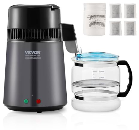 VEVOR Water Distiller, 4L /1.05 Gallon Pure Water Still for Home Countertop, 750W Distilled Water Maker, 304 Stainless Steel Body Distilling Machine with Glass Carafe to Make Clean Water, Gray
