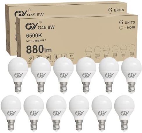 GY Bombilla LED E14 Luz Fría 6500K 8W 880LM, Bombillas Miniesfèrica G45 Rosca fina, sin Parpadeo, CRI＞80, Ahorro Energético, No Regulable, 12 Pieza