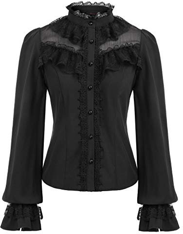 CURLBIUTY Damen Gothic Hemd Langarm Rollkragen Bluse Arbeit Button-Down Steampunk Oberteile Schwarz L