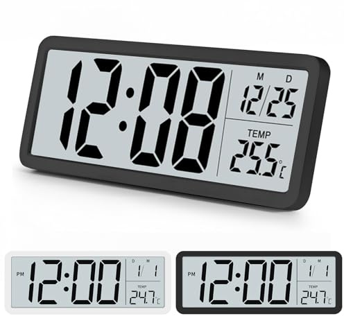 Venchin Digital Wall Clock: Black Wall Clocks Battery Operated, Temperature, 12/24HR, LCD Digital Clocks for Living Room, Bedroom, Office, 20CM Modern Table Clock Room Decor