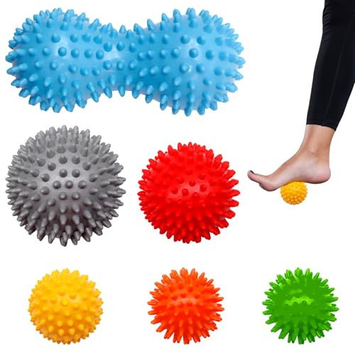 Igelball-Massageball 6-teiliges Set, Hedgehog Ball Set mit unterschiedlicher Härte und Größe, Faszienball, Spiked Massage Ball, hart und mittelweich, igelball fußmassage, Hand-, Rückenmassage