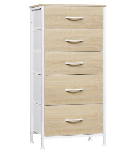 WOLTU Kommode mit 5 Schubladen aus Stoff, Kommodenschrank Sideboard Schubladenschrank, für Schlafzimmer Wohnzimmer Flur, aus Metallrahmen Holzwerkstoff, Helle Eiche + Weiß, SSK004whe