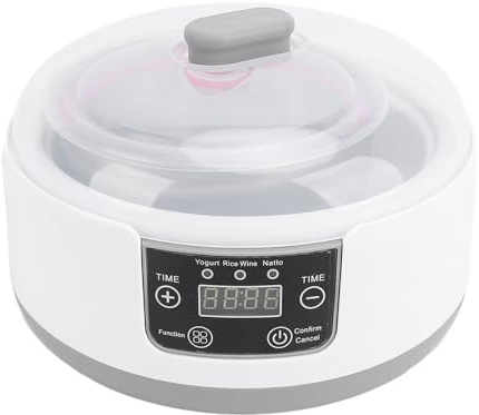 Yoghurtmaskin, elektrisk grekisk yoghurtmaskin med timerkontroll, glasburk och innerkruka i rostfritt stål, 1,2 l hemmagjord yoghurt Natto-maskin, inkubator för hemmayoghurt (EU)