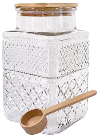 Viovian Large Glass Jar with Wood Lid and Spoon 60 OZ Square Thick Glass Storage Jars Airtight Lids Clear Decorative Vintage Canister for Food Candy Cookie Sugar Coffee Nuts Snack Dog Treat