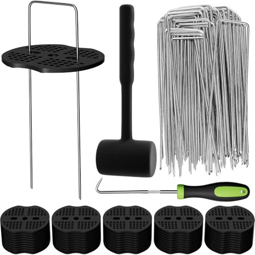 Cookmaster Weed Membrane Pegs, Artificial Grass Pegs, Heavy Duty Ground Pegs with Metal Picker Hook, 100 Buffer Washer, 100 Metal Peg, 1 hammer for Garden Membrane, Weed Control, Artificial Grass