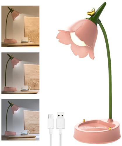 XPJBKC Lä Flicka Rosa, Led Skrivbord för Barn med Pekskärm och Flexibel Arm, Recyklingsbar Justerbar Lä med Blommor, Lä för Barn som Present