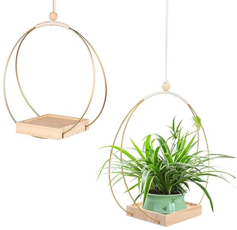 Wenrou 2 Stück Blumenampel Hängend Innen, Blumenampel Outdoor, Hängepflanzen Topf, Metall Wandbehang Pflanzgefäß Mit Holzsockel, Hängender Pflanzenhalter, 5 Zoll Holzpalette, Mit Haken(Gold)