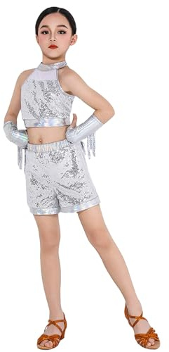 Ragazze Costume da Ballo in Paillettes, Vestito Scintillante da Danza Hip Hop Jazz, Abbigliamento da Danza da Strada per Bambini con Top e Pantaloncini Senza Maniche Salsa Tango Nappina Latino Abiti