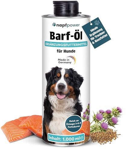 napfpower BARF Öl für Hunde (1 Liter) – Reich an Omega 3-6-9 Fettsäuren aus Lachsöl, Leinöl, Hanfsamenöl, Borretschöl & Mariendistelöl – Hochwertiges Futteröl & BARF-Zusatz – Auch als Topping geeignet