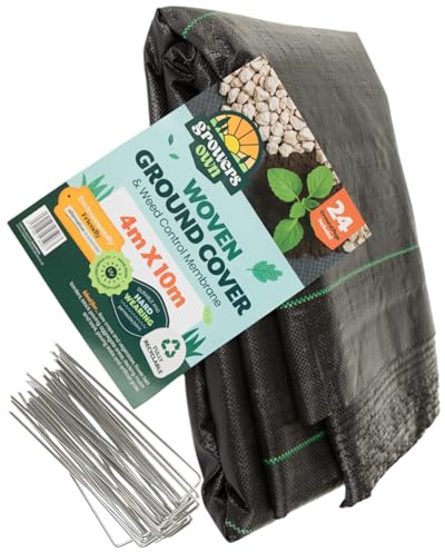 Growers Own Woven Ground Cover & Weed Control Membrane – 4m x 10m Heavy Duty & UV Stabilised Permeable Weed Barrier Fabric for Garden, Greenhouse, Mulching & More. 8 Ground Pegs Included. 1 Pack