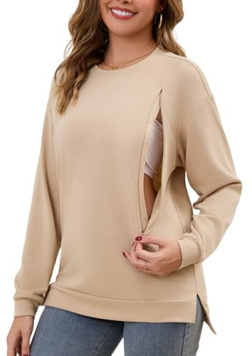 Women Nursing Sweatshirt for Breastfeeding Hidden Zippers Nursing Tops Long Sleeve Comfortable Maternity Sweater Khaki
