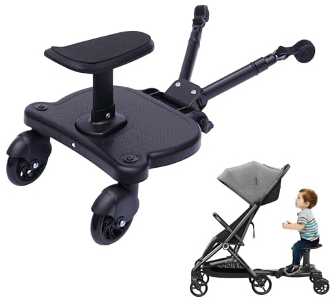 Universal Buggy Board with Seat, 2 in1 Kiddy Board Stand or Seat, Stroller Board 50kg, Removable Seat, Adjustable Standing Board, 360° Shock-Absorbing Wheels for 2-6 Year Olds