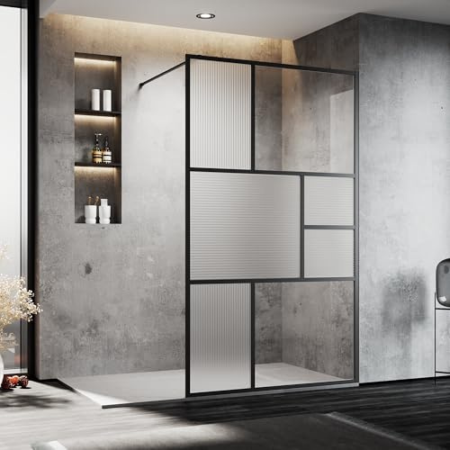 SONNI Gör-det-själv duschvägg 100 x 200 cm, Walk i svart design, modulär monterad duschkabin av 8 mm nanosäkerhetsglas, ESG-duschavskiljare med stabilisator kan monteras på duschkoppar eller golv
