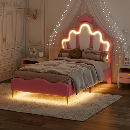 HYNHXBP Barnsäng 90 x 200 med LED, enkel säng med kronformad sänggavel, vadderad säng med ribbotten, 1 person sängar, för tonårsflickor, PU, rosa, utan madrass